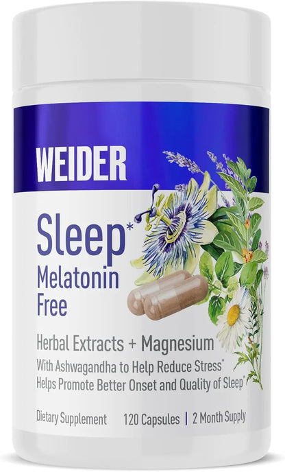 Weider Melatonin Free Sleep Aid Supplement with KSM-66 Ashwagandha Magnesium Lavender Lemon Balm Chamomile Valerian and Passionflower Extracts Hormone & Drug- Free Non-Habit Forming 120ct